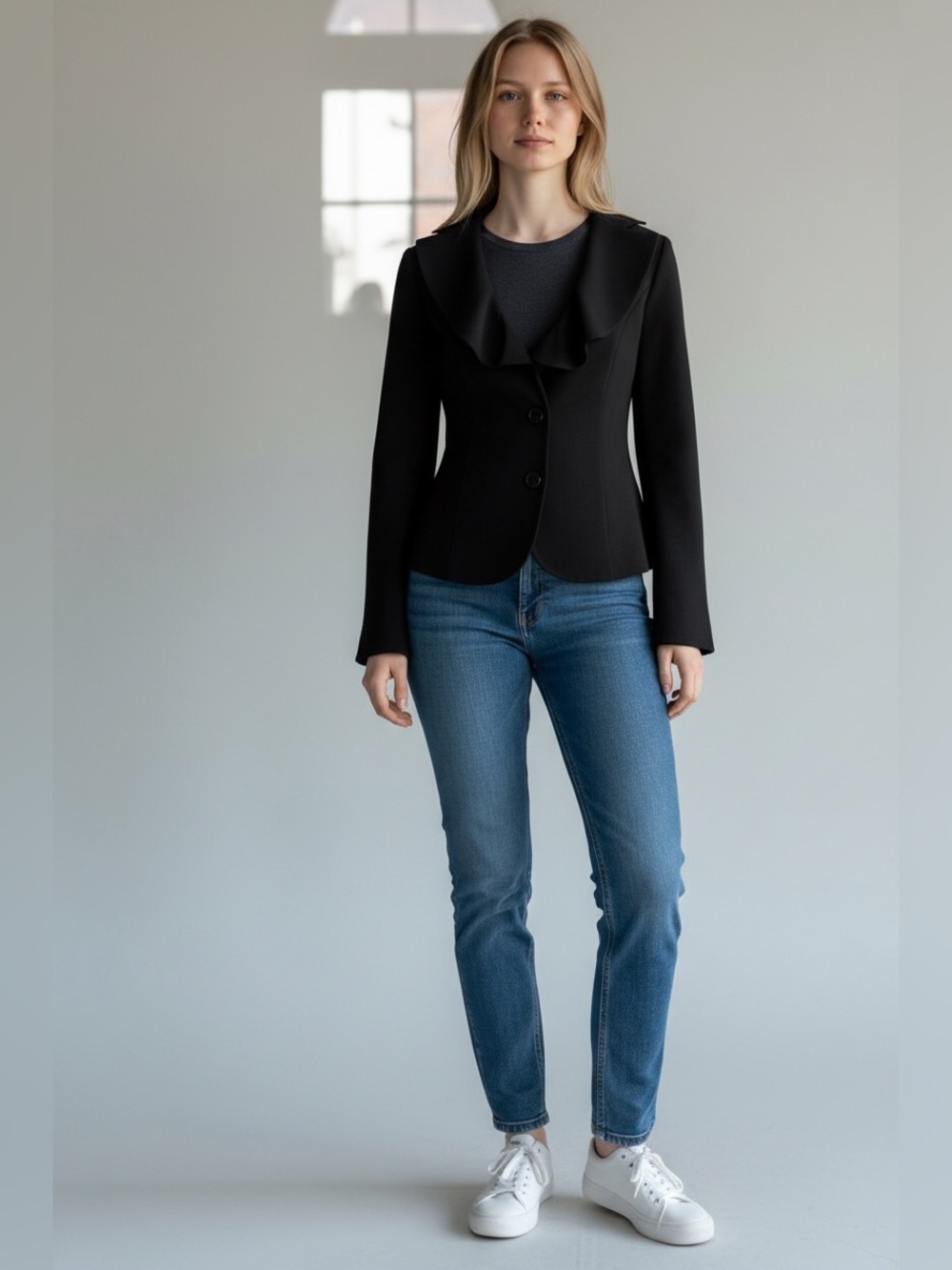 Tahari Arthur S. Levine Black Ruffle Collar Blazer Jacket